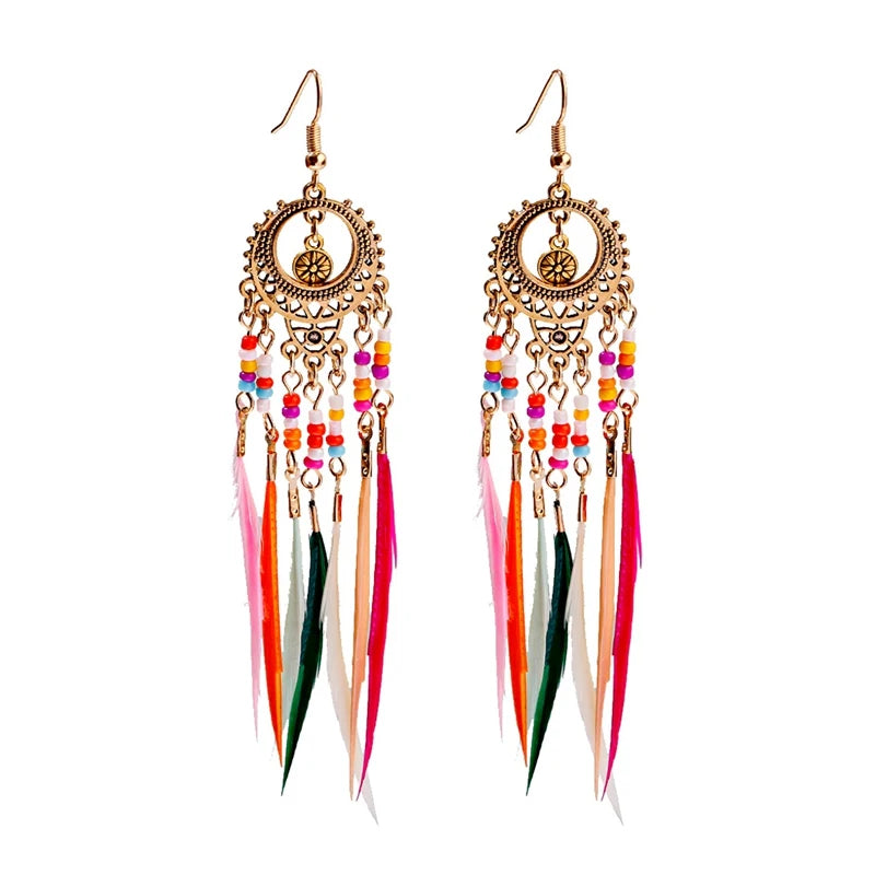 Ethnic Long Bohemia Feather Beaded Earrings For Women Dreamcatcher Round Wood Indian Gypsy Hippie Earrings Boucle D'oreille