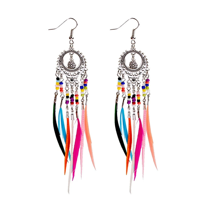 Ethnic Long Bohemia Feather Beaded Earrings For Women Dreamcatcher Round Wood Indian Gypsy Hippie Earrings Boucle D'oreille