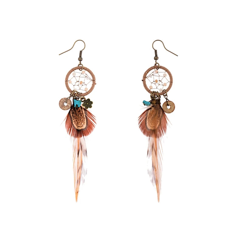 Ethnic Long Bohemia Feather Beaded Earrings For Women Dreamcatcher Round Wood Indian Gypsy Hippie Earrings Boucle D'oreille