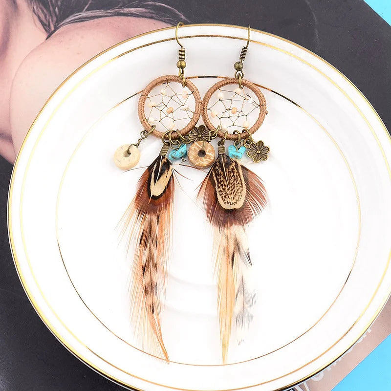 Ethnic Long Bohemia Feather Beaded Earrings For Women Dreamcatcher Round Wood Indian Gypsy Hippie Earrings Boucle D'oreille