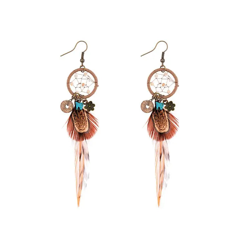 Ethnic Long Bohemia Feather Beaded Earrings For Women Dreamcatcher Round Wood Indian Gypsy Hippie Earrings Boucle D'oreille