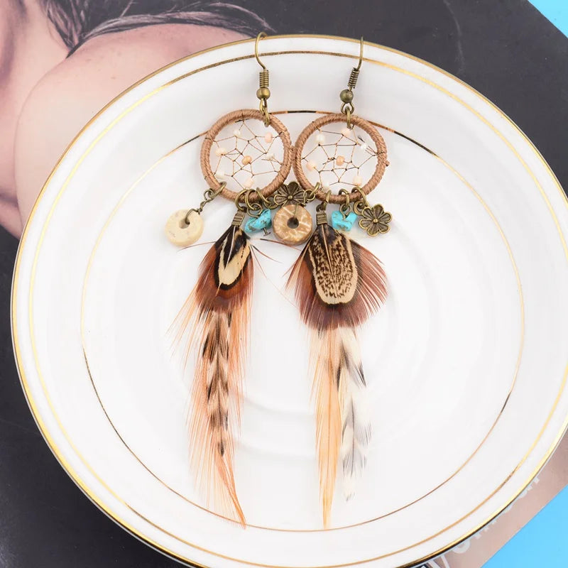 Ethnic Long Bohemia Feather Beaded Earrings For Women Dreamcatcher Round Wood Indian Gypsy Hippie Earrings Boucle D'oreille