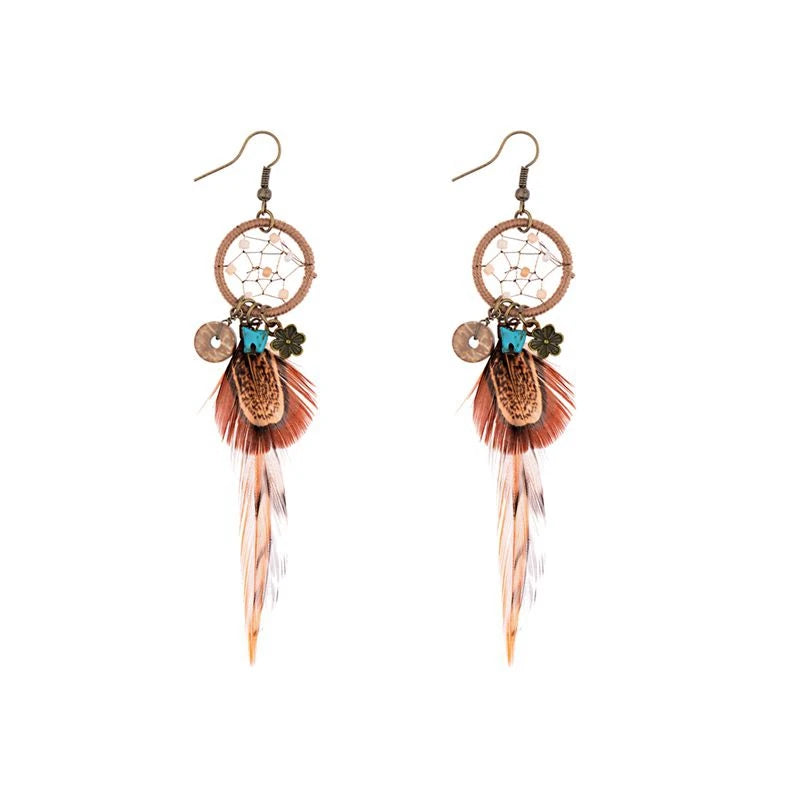 Ethnic Long Bohemia Feather Beaded Earrings For Women Dreamcatcher Round Wood Indian Gypsy Hippie Earrings Boucle D'oreille