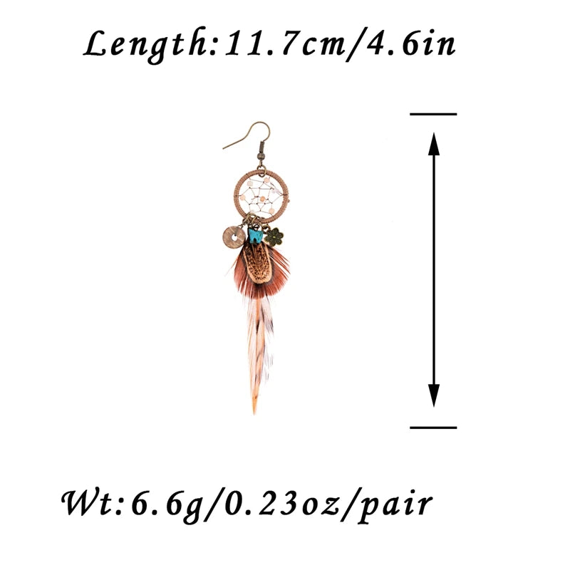 Ethnic Long Bohemia Feather Beaded Earrings For Women Dreamcatcher Round Wood Indian Gypsy Hippie Earrings Boucle D'oreille