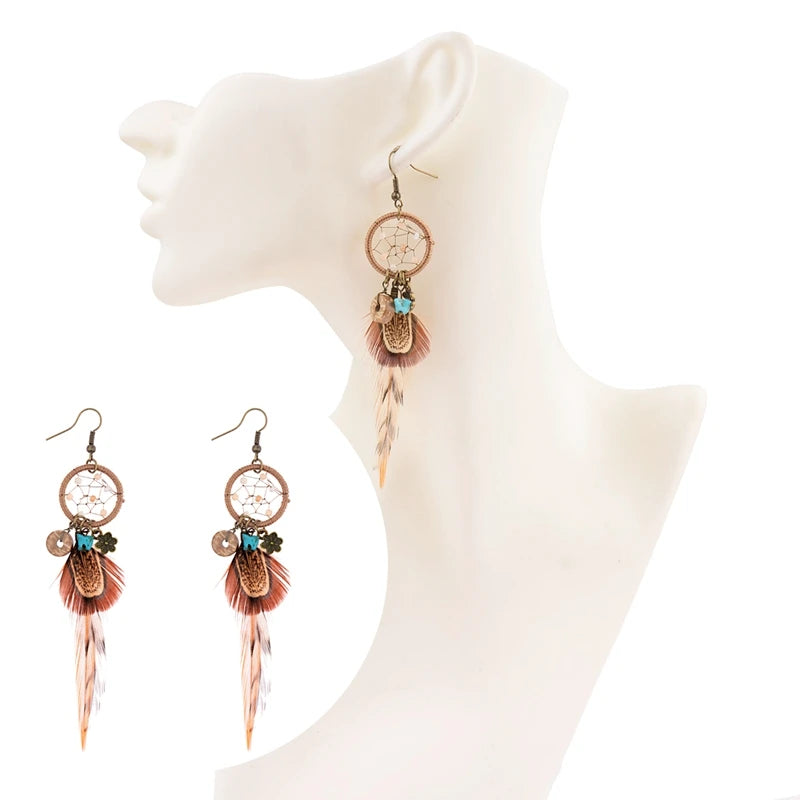 Ethnic Long Bohemia Feather Beaded Earrings For Women Dreamcatcher Round Wood Indian Gypsy Hippie Earrings Boucle D'oreille