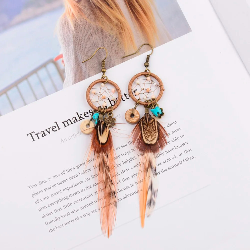 Ethnic Long Bohemia Feather Beaded Earrings For Women Dreamcatcher Round Wood Indian Gypsy Hippie Earrings Boucle D'oreille