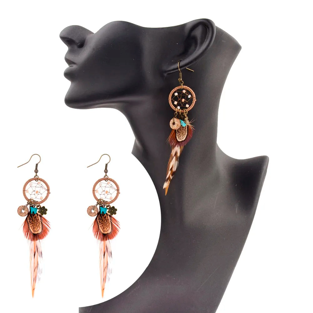 Ethnic Long Bohemia Feather Beaded Earrings For Women Dreamcatcher Round Wood Indian Gypsy Hippie Earrings Boucle D'oreille
