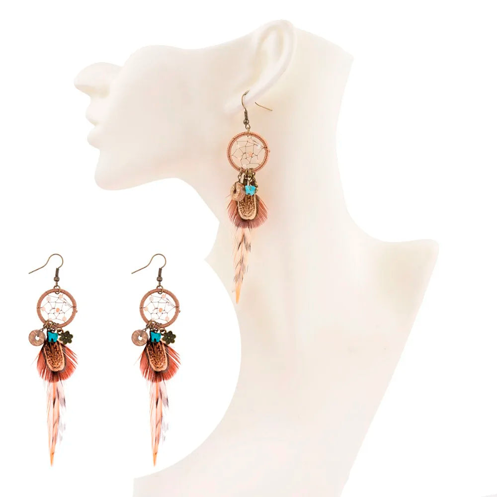 Ethnic Long Bohemia Feather Beaded Earrings For Women Dreamcatcher Round Wood Indian Gypsy Hippie Earrings Boucle D'oreille