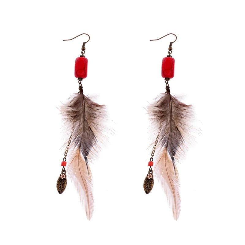 Ethnic Long Bohemia Feather Beaded Earrings For Women Dreamcatcher Round Wood Indian Gypsy Hippie Earrings Boucle D'oreille