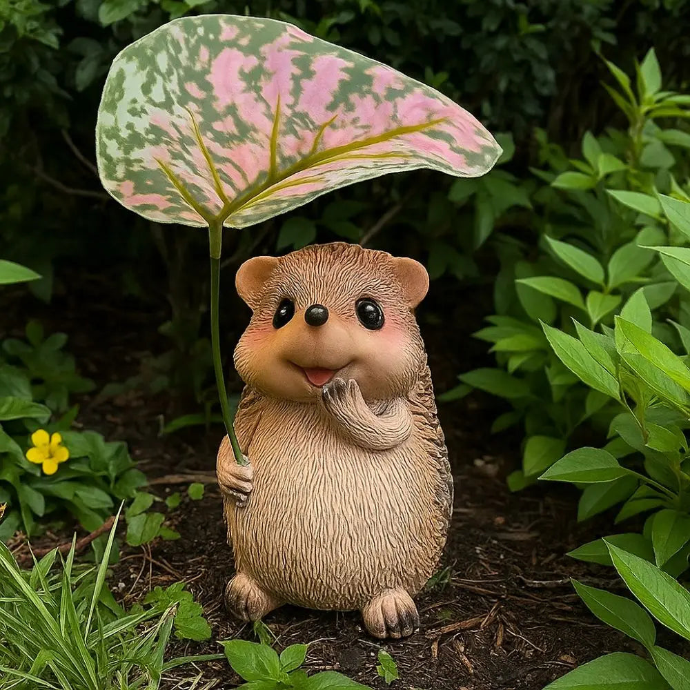 Cute Leaf Umbrella Hedgehog Figurine Weatherproof Resin Garden Hedgehog Statue Handmade Small Hedgehog Sculpture Patio Decor