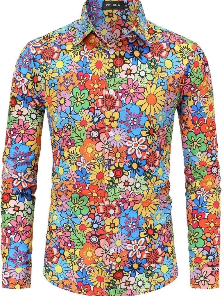Halloween Hippie Men's Disco Hip-Hop Button Flower Retro Long Sleeve Shirt Print Flower Pullover Blouse Versatile Top
