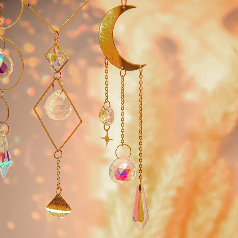 Crystal Suncatcher Moon Star Rainbow Sun Catcher Wind Chime Pendant Sun Catcher Pendants Outdoor Garden Yard Hanging Decor