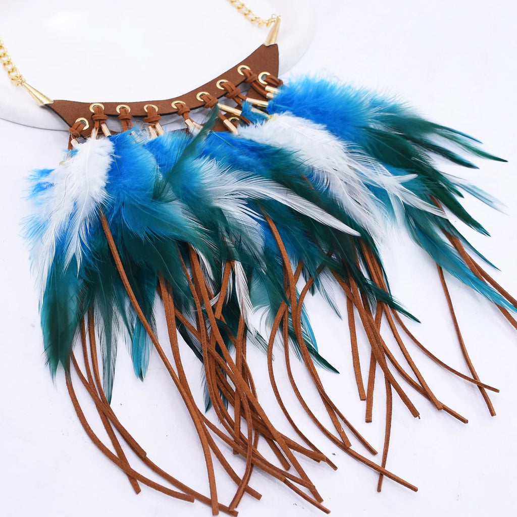 Black Brown Long Feather Pendants Indian Ethnic Necklace Vintage Bohemia African Hyperbole Hippie Charm Collar Statement Jewelry