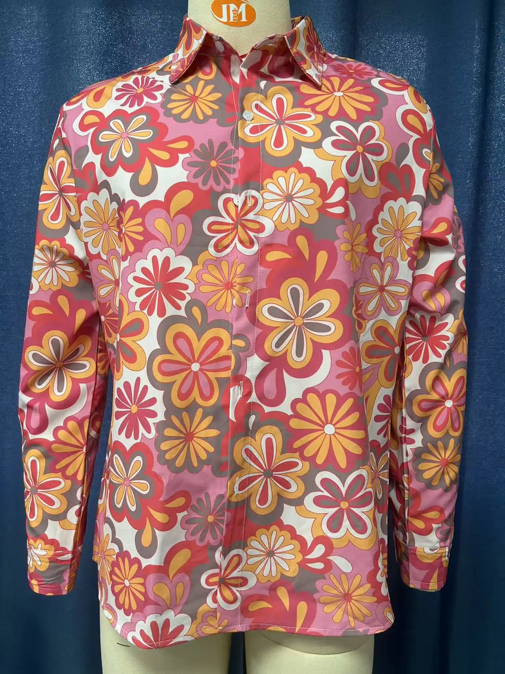 Halloween Hippie Men's Disco Hip-Hop Button Flower Retro Long Sleeve Shirt Print Flower Pullover Blouse Versatile Top