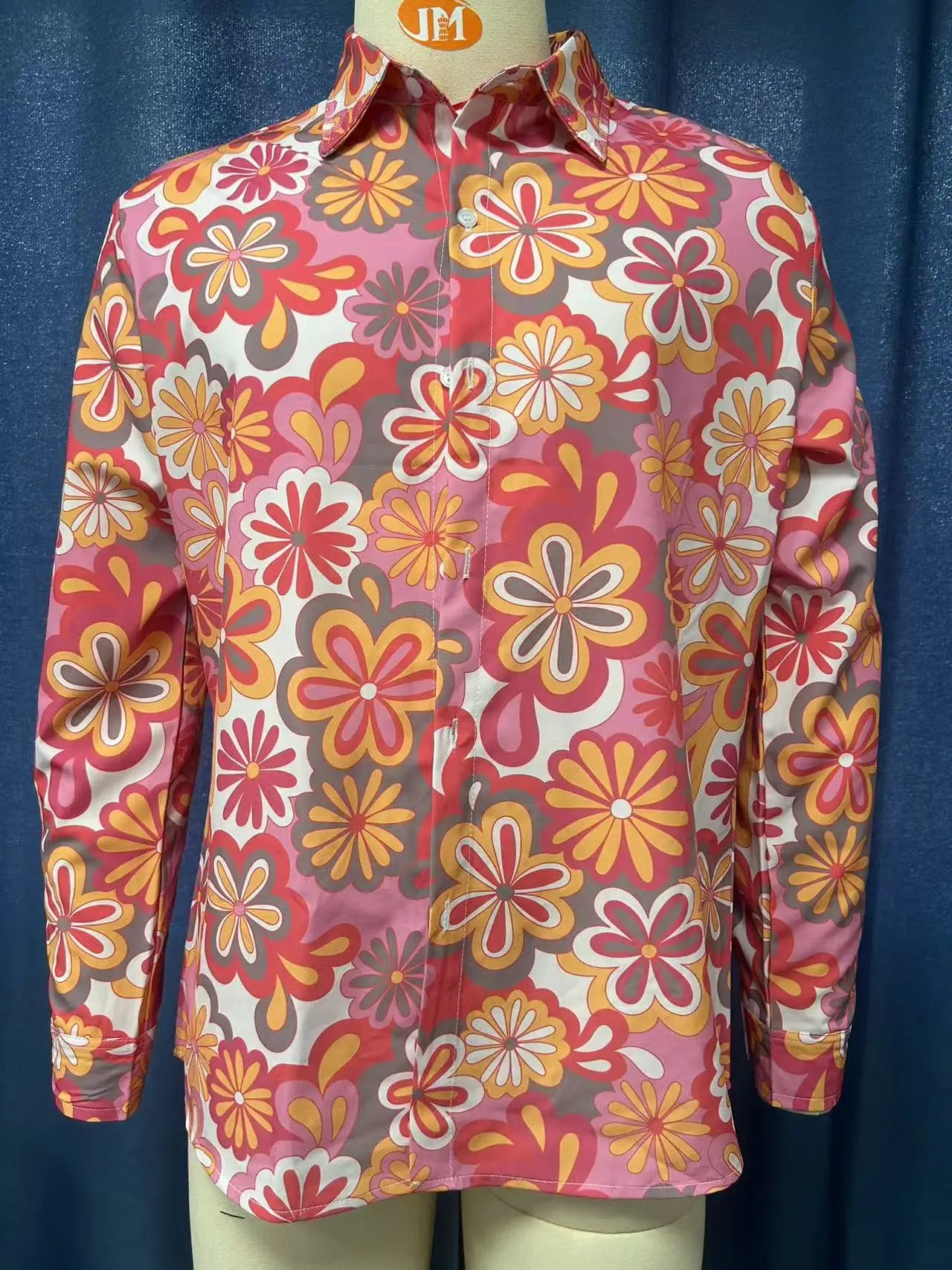 Halloween Hippie Men's Disco Hip-Hop Button Flower Retro Long Sleeve Shirt Print Flower Pullover Blouse Versatile Top