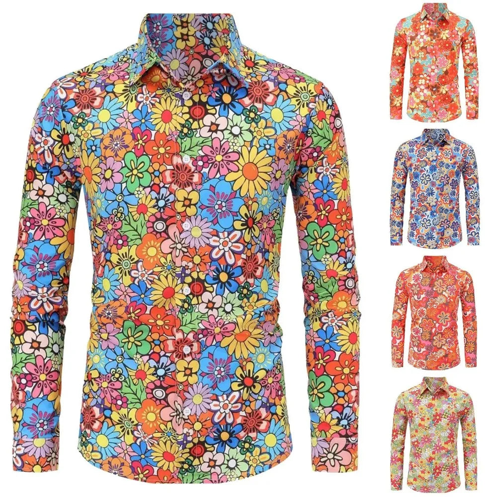 Men's Long Sleeves Shirts  Hippie 70s Disco Hip Hop Button Flower Retro Long Sleeve Shirt New Men'S Casual Blouse Unisex Tops
