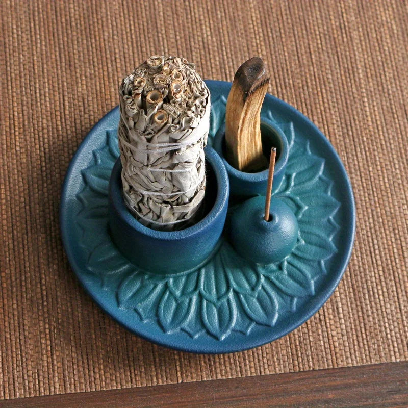4-in-1 Ceramic Incense Burner for Aromatherapy Meditation Yoga and Home Decor Includes Sage Holder and Incense Holder for Sticks