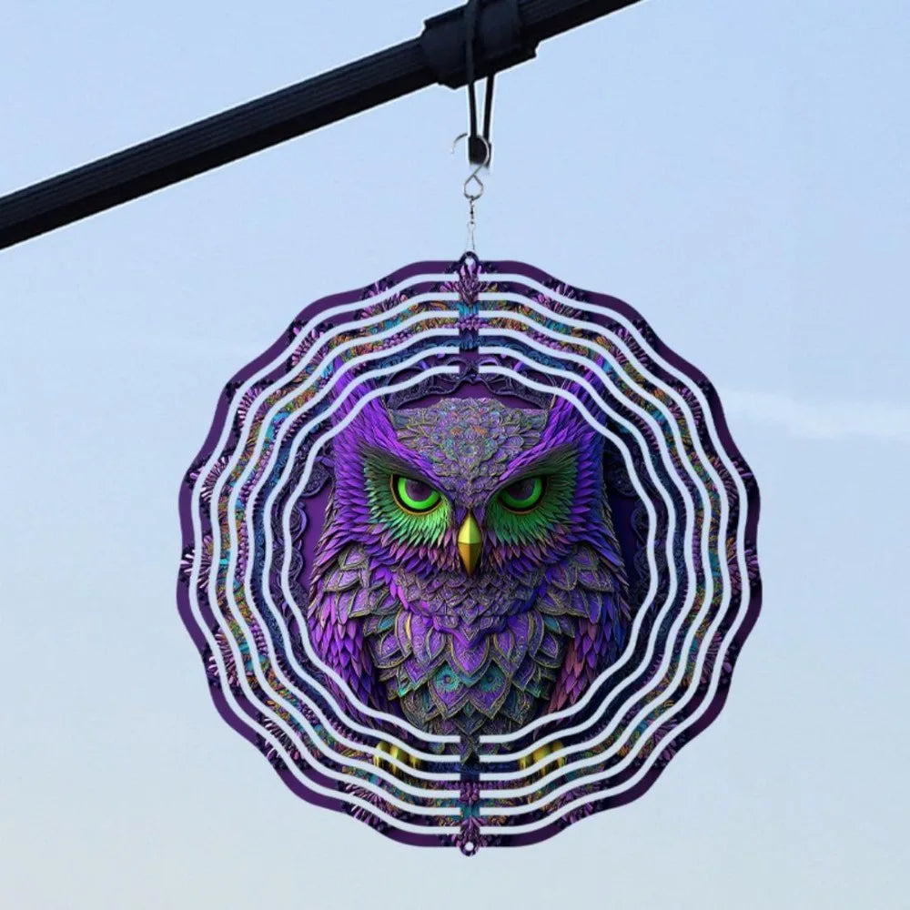 Vibrant 10-Inch Owl 3D Mandala Wind Chime - Colorful, Rotating Design for Outdoor Decor, Battery-Free Operation,