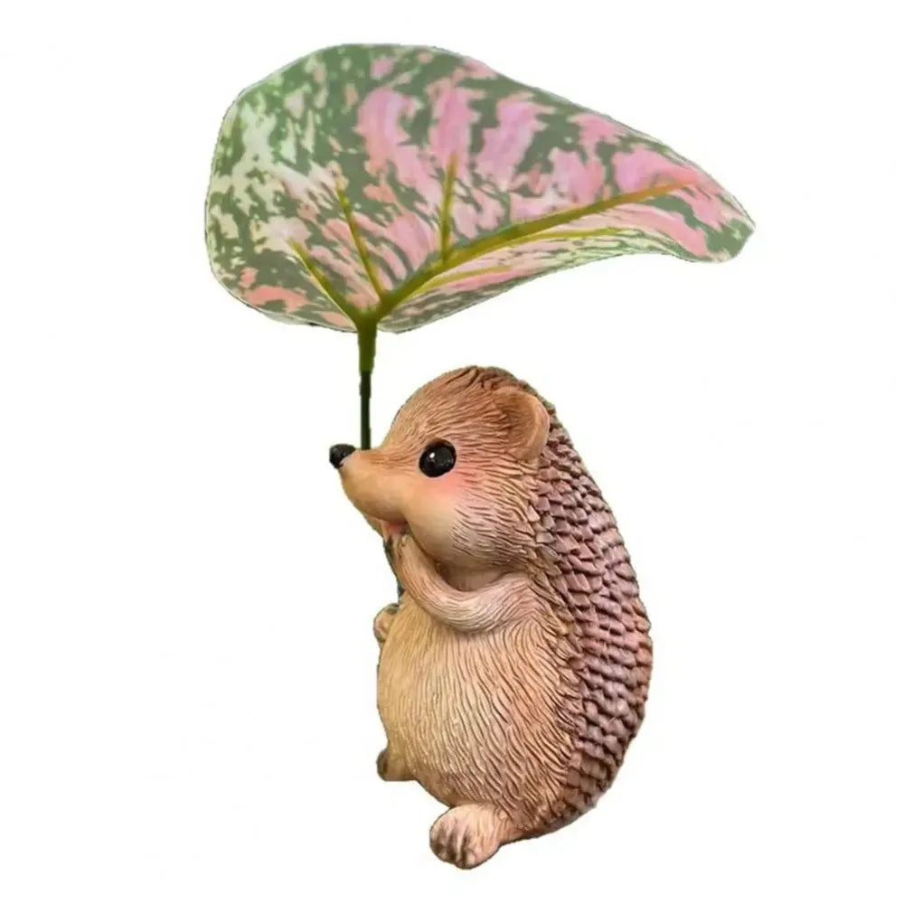 Cute Resin Leaf Umbrella Hedgehog Figurine Garden Hedgehog Statue Resin Animal  Sculpture Outdoor Garden Decor Ornament