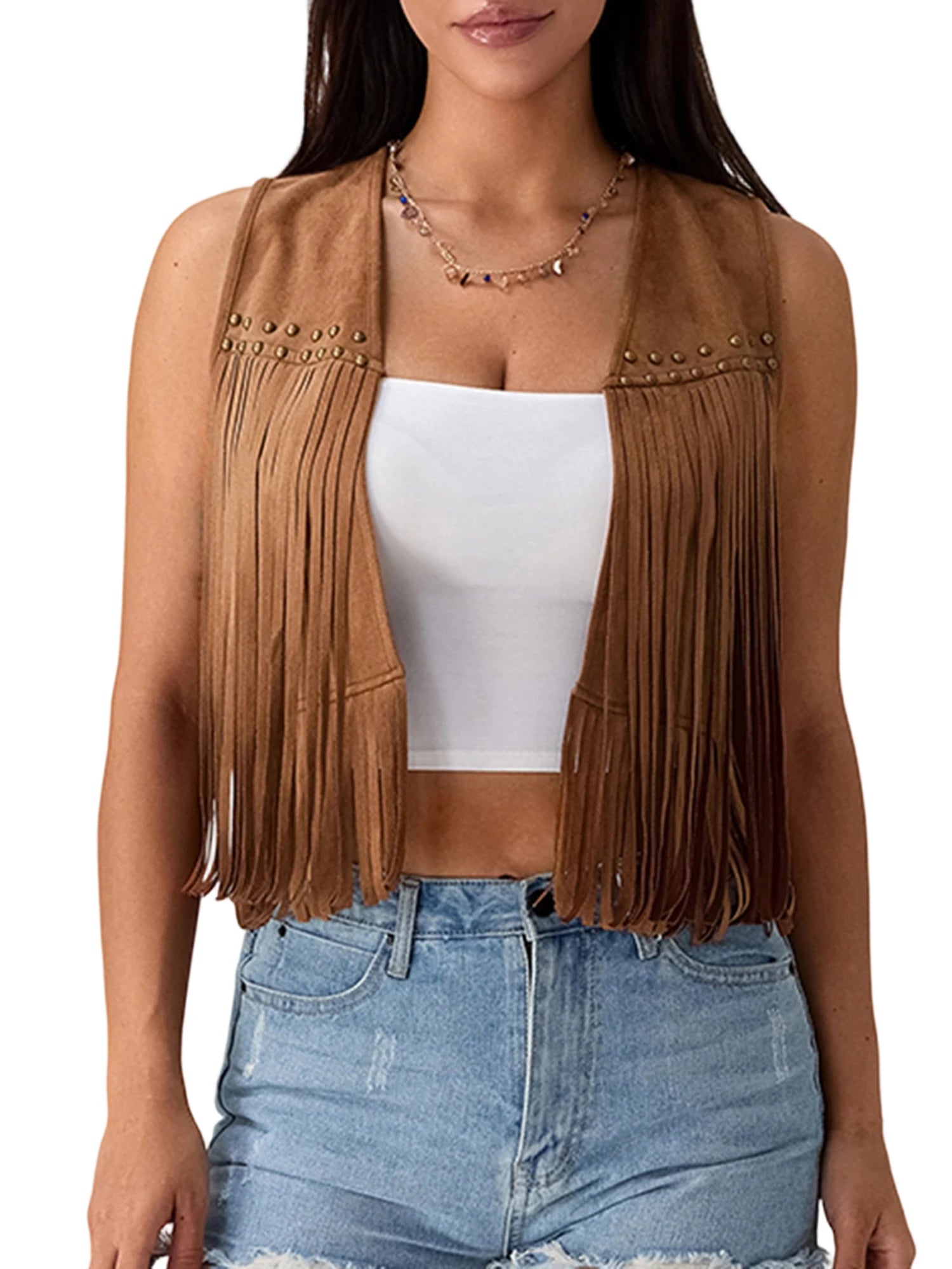 Women s Suede Tassel Vest 70s Hippie Outfit Sleeveless Open Front Vest Western Jacket