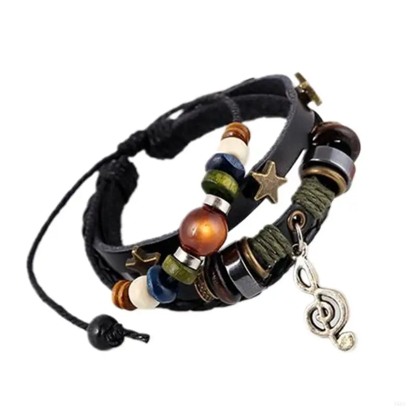 Handmade Boho Gypsy Hippie Design Brown Leather Star Musical Note Metal Charms Wood Button Beads Wrap Unisex Adjustable Bracelet