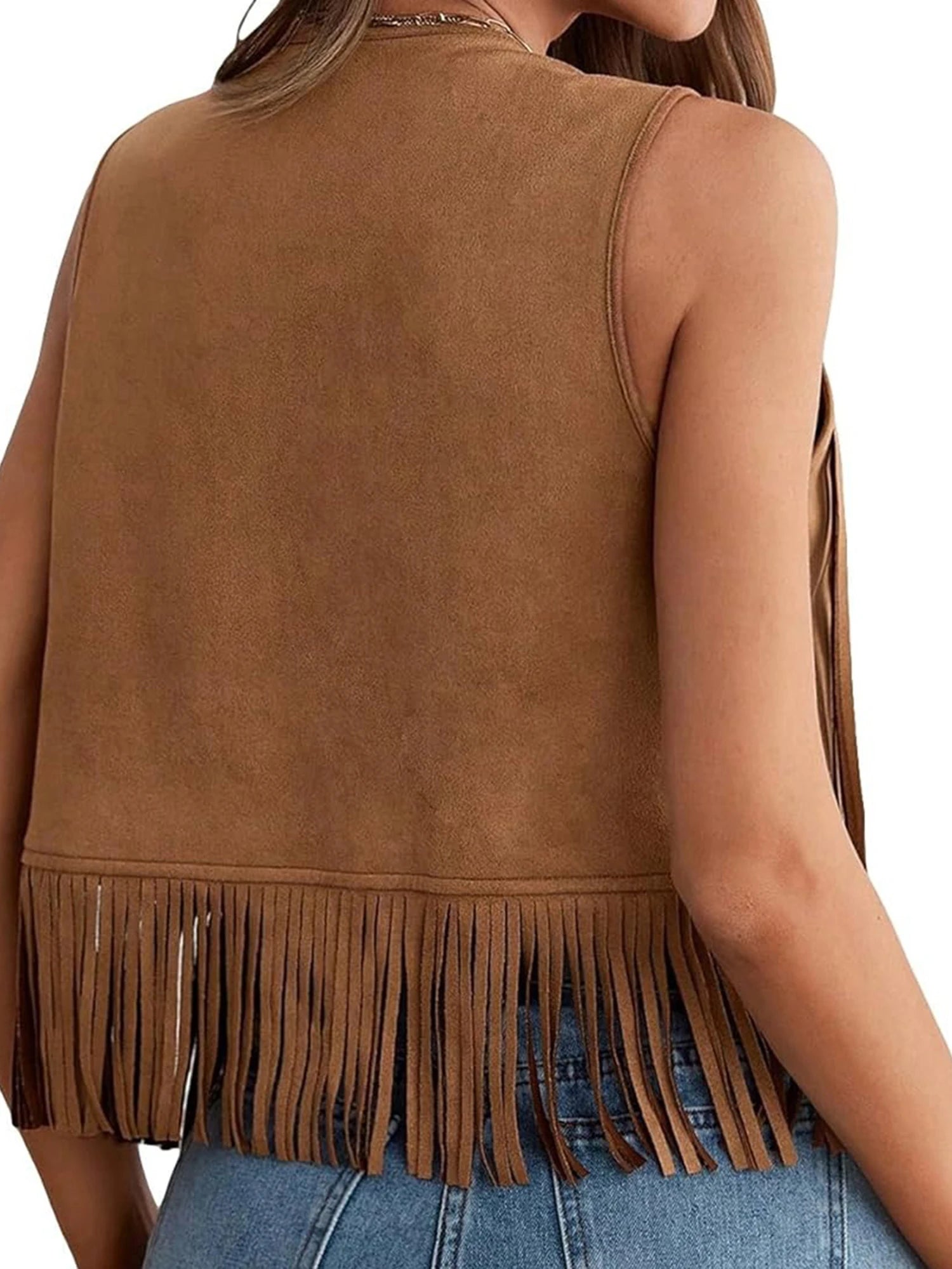 Women s Suede Tassel Vest 70s Hippie Outfit Sleeveless Open Front Vest Western Jacket