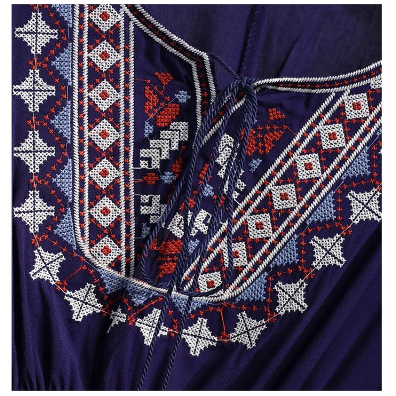 Women Summer Tees Retro Boho Style Embroidery Blouses Cloak Top Loose Cotton Lace Hem Bat sleeve Kimono Shirts Blusa Feminina