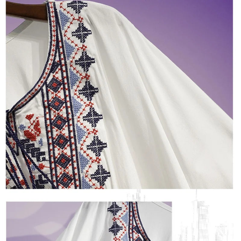 Women Summer Tees Retro Boho Style Embroidery Blouses Cloak Top Loose Cotton Lace Hem Bat sleeve Kimono Shirts Blusa Feminina