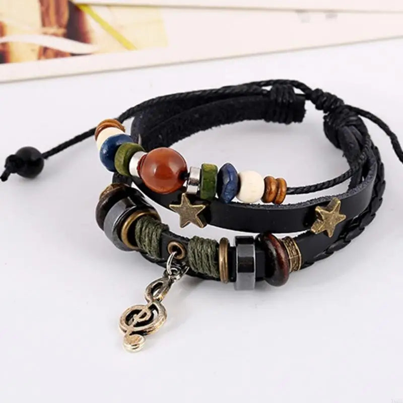 Handmade Boho Gypsy Hippie Design Brown Leather Star Musical Note Metal Charms Wood Button Beads Wrap Unisex Adjustable Bracelet
