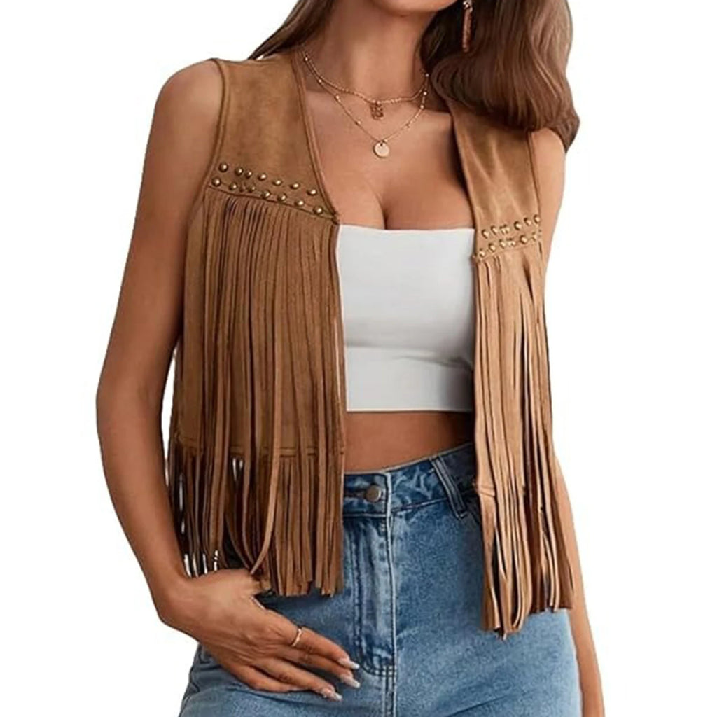 Women s Suede Tassel Vest 70s Hippie Outfit Sleeveless Open Front Vest Western Jacket
