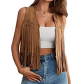 Women s Suede Tassel Vest 70s Hippie Outfit Sleeveless Open Front Vest Western Jacket