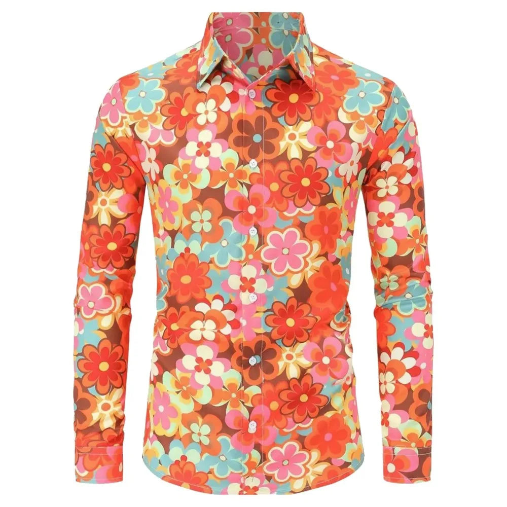 Men's Long Sleeves Shirts  Hippie 70s Disco Hip Hop Button Flower Retro Long Sleeve Shirt New Men'S Casual Blouse Unisex Tops