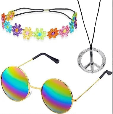 Hippie Costume Set 60's Style Circle Glasses Peace Sign Necklace Daisy Sunflower Headbands  Dressing Accessory Hippie Party