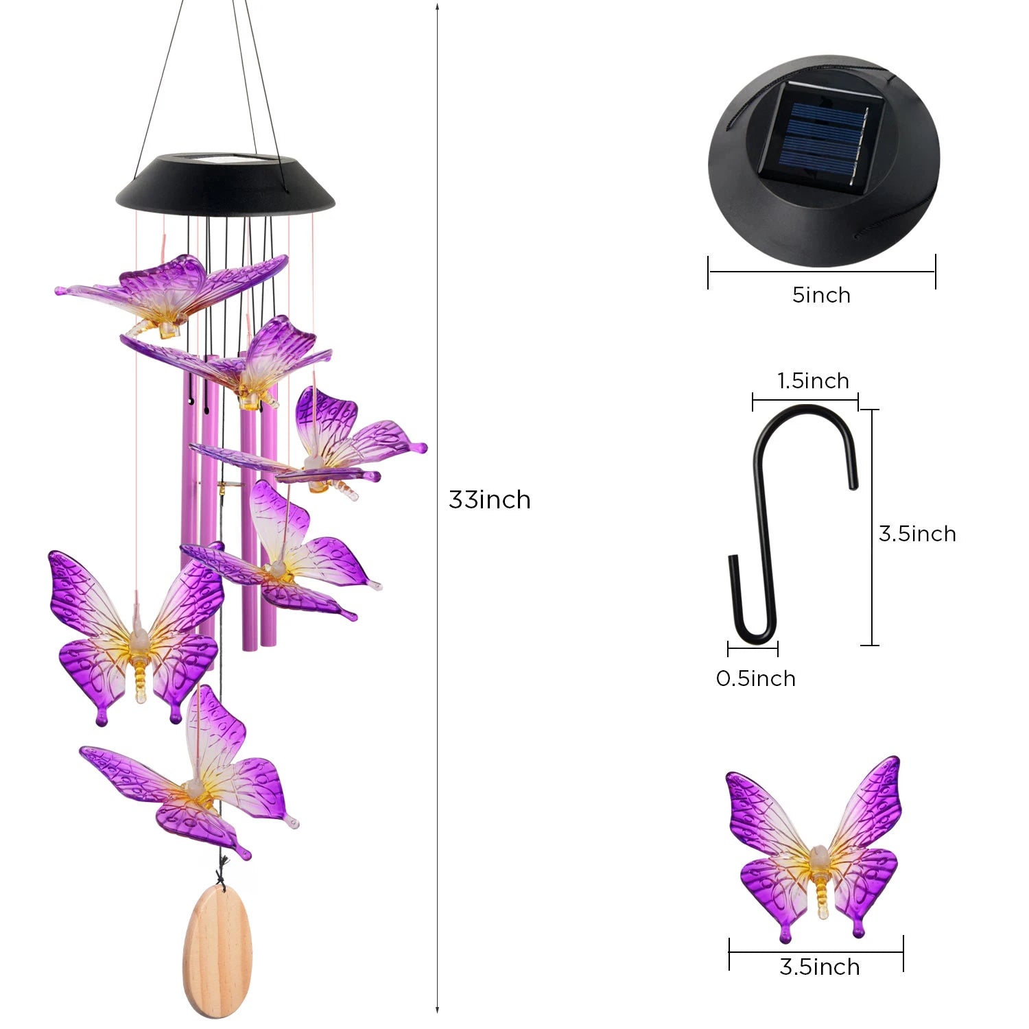 Solar Butterfly Wind Chimes, Christmas Gifts for Mom Grandma, Purple Glass with Lighted Pendant, Outdoor Garden Patio Decor for