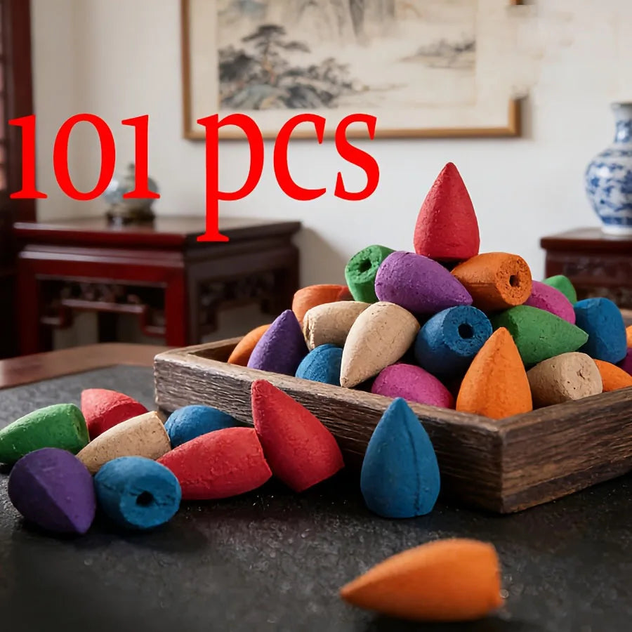 101 High-Quality Natural Backflow Incense Cones, with a Mix of 9 Fragrances Including Jasmine, Lemon, Lavender, Lemongrass, Tulip, Mint, Green Tea, Agarwood, Rose, Etc., with a Rich Aroma, Long-Lasting Burning, Creating an Ae