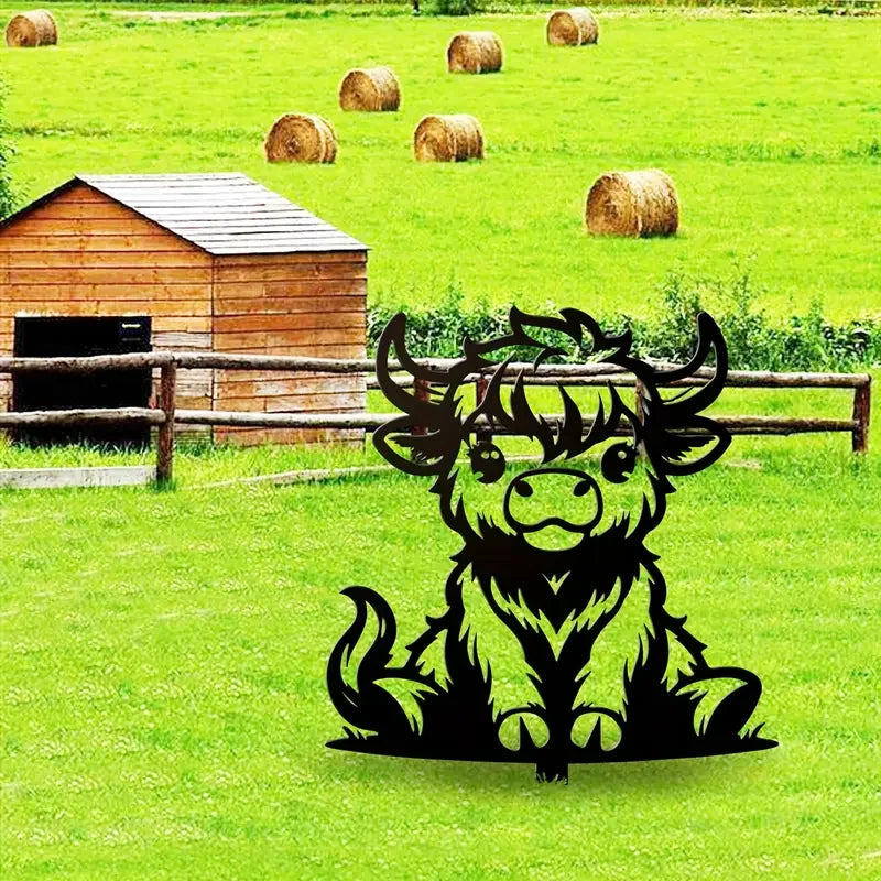 A Charming Highland Cow Garden Stake, Durable Cartoon Animal Garden Decoration, Rustic Cottage Metal Art, Spring Outdoor Decor