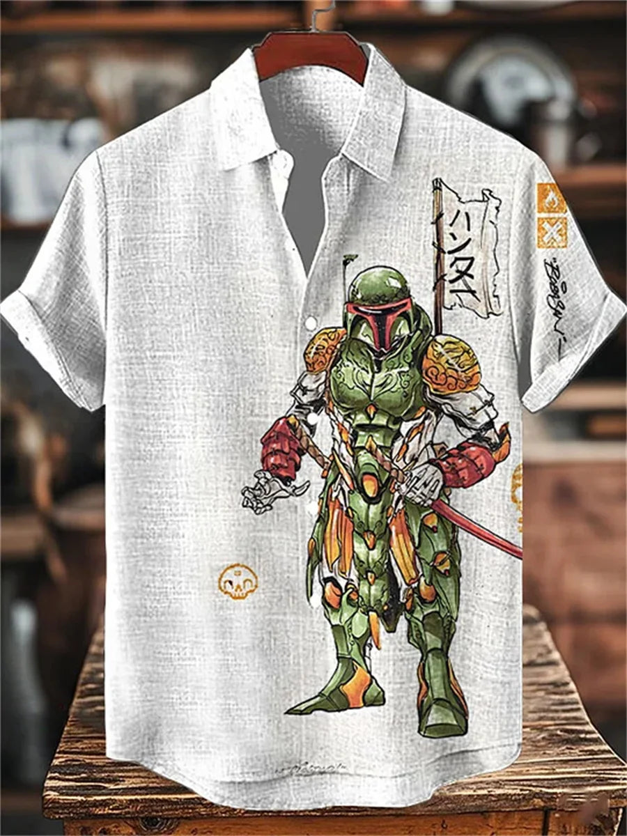 Men's short-sleeved shirt, stylish fighter jet print, breathable casual top, trendy retro pattern, personalized Hawaiian shirt.