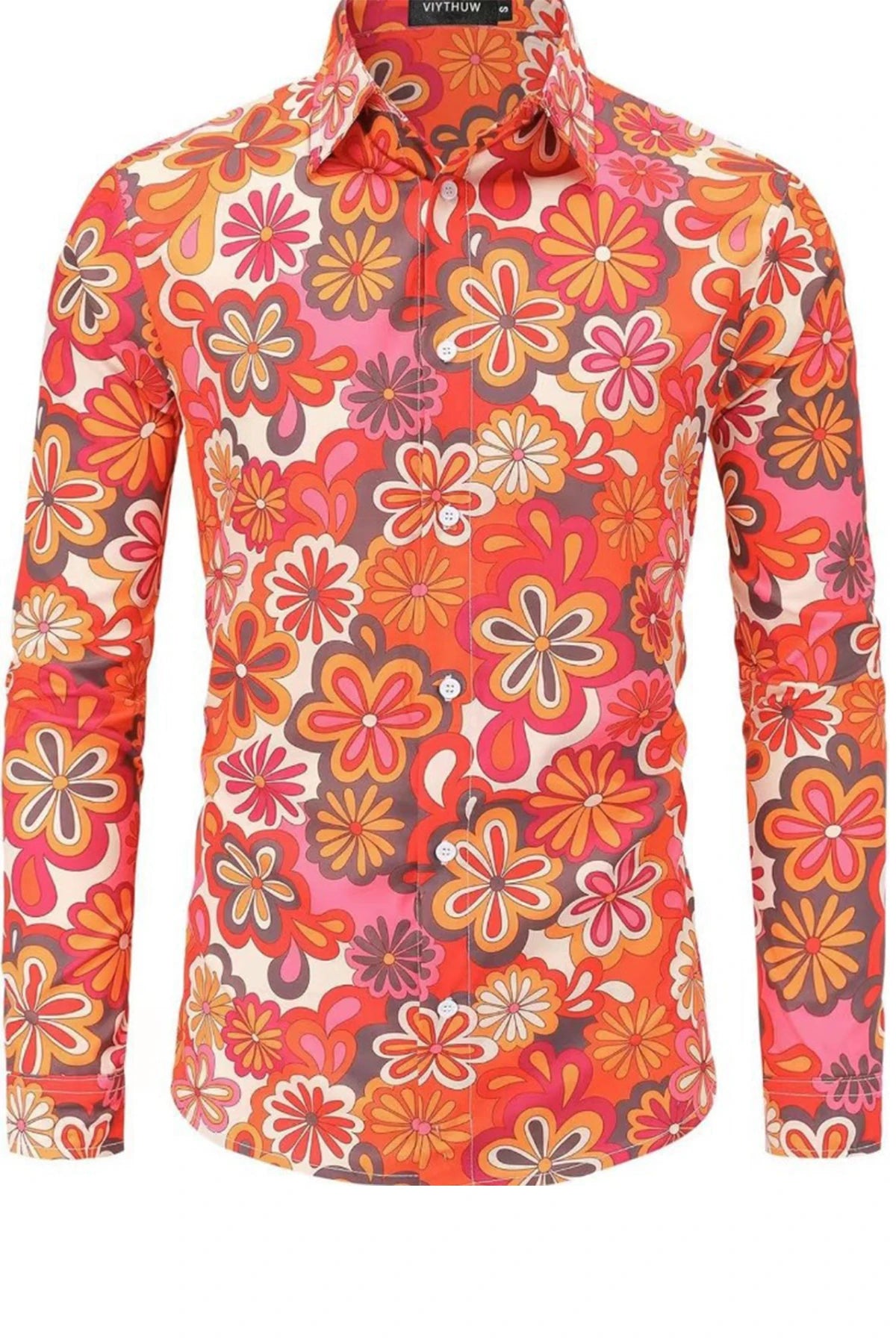 Halloween Hippie Men's Disco Hip-Hop Button Flower Retro Long Sleeve Shirt Print Flower Pullover Blouse Versatile Top
