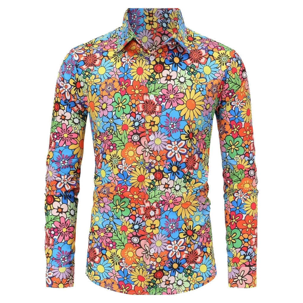 Men's Long Sleeves Shirts  Hippie 70s Disco Hip Hop Button Flower Retro Long Sleeve Shirt New Men'S Casual Blouse Unisex Tops