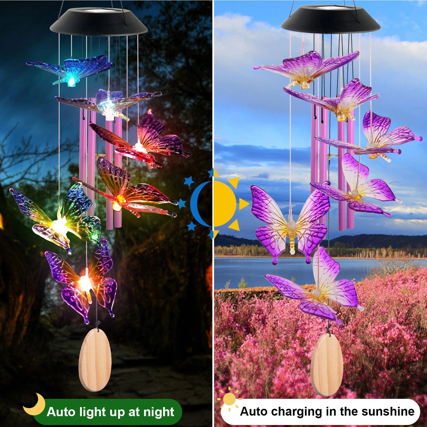 Solar Butterfly Wind Chimes, Christmas Gifts for Mom Grandma, Purple Glass with Lighted Pendant, Outdoor Garden Patio Decor for