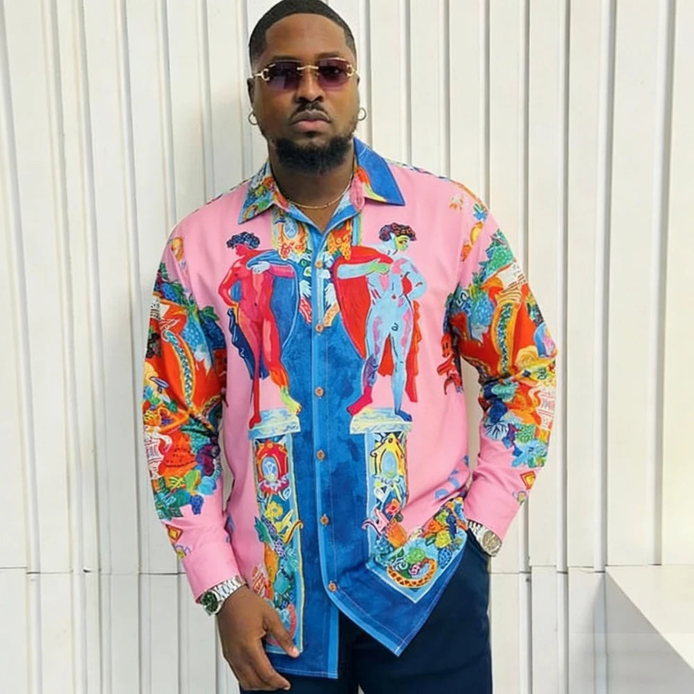 Men's French Long Sleeve Shirt Baroque Pattern High Definition Printed Shirt Hawaii Vacation Social Men's Clothes Quick Drying