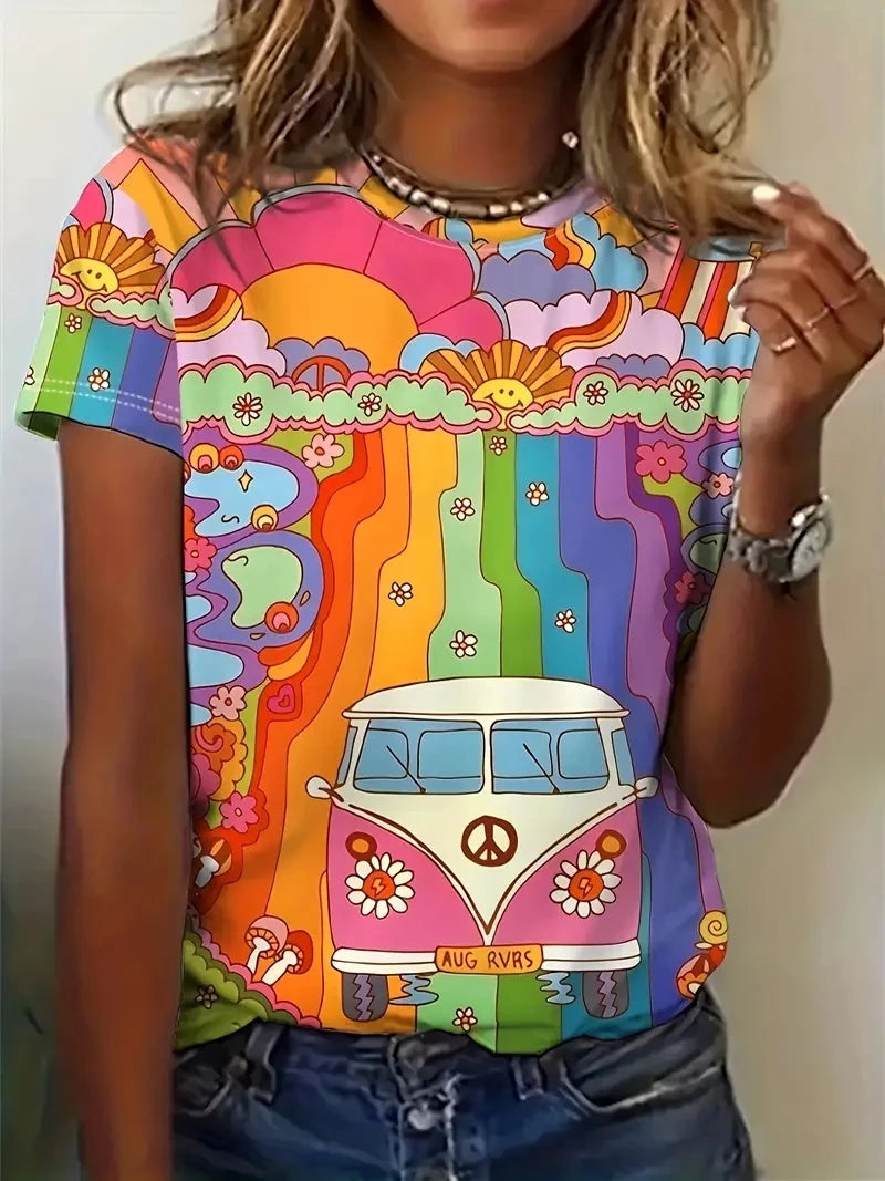 2025 New Women's T-shirt Cartoon Car Print Hippie Bus Tops Women's Trending Clothes Fashion Short Sleeve Shirt Funny Tee Tops