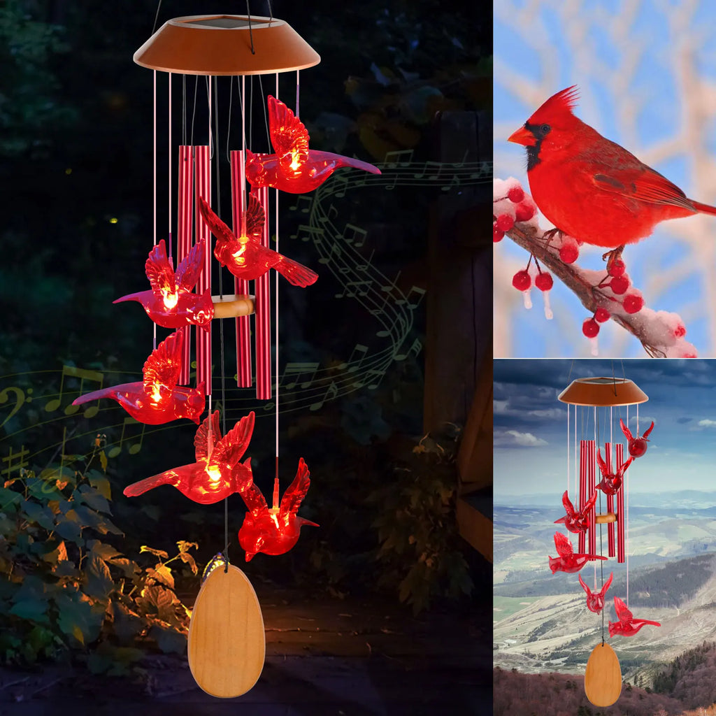 Solar Wind Chimes, Christmas Gifts for Mom & Grandma, Wooden Cardinal with Aluminum Tubes, Outdoor Garden Decor for Valentine‘s