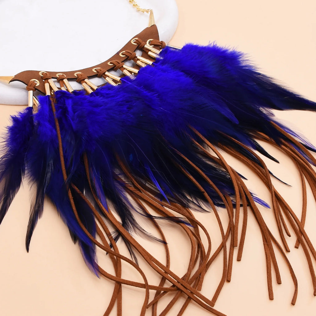 Black Brown Long Feather Pendants Indian Ethnic Necklace Vintage Bohemia African Hyperbole Hippie Charm Collar Statement Jewelry