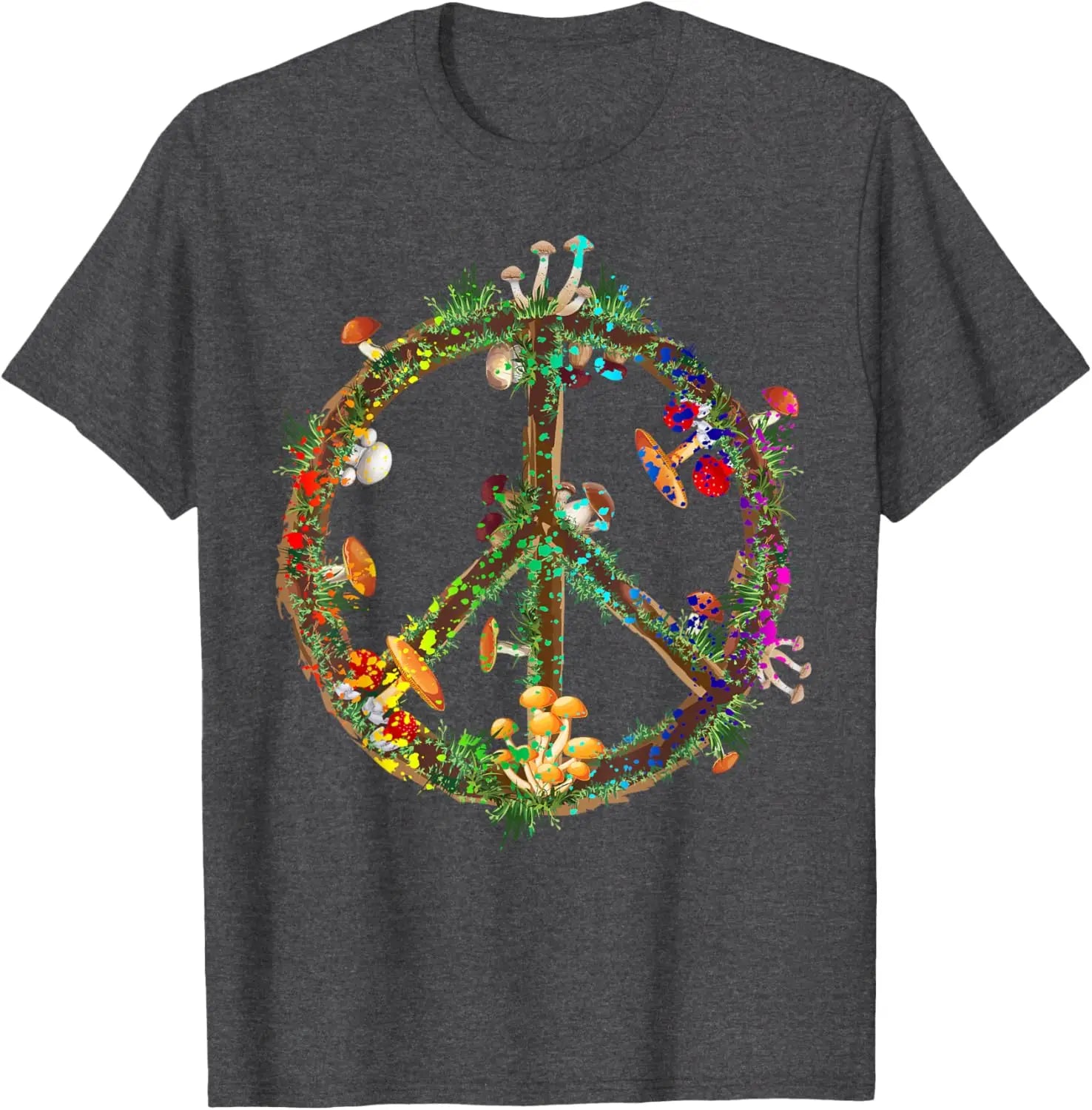 Psychedelic Mushroom Peace Sign Hippie Trippy Retro Graphic T-Shirt Unisex Casual Short Sleeve Tee