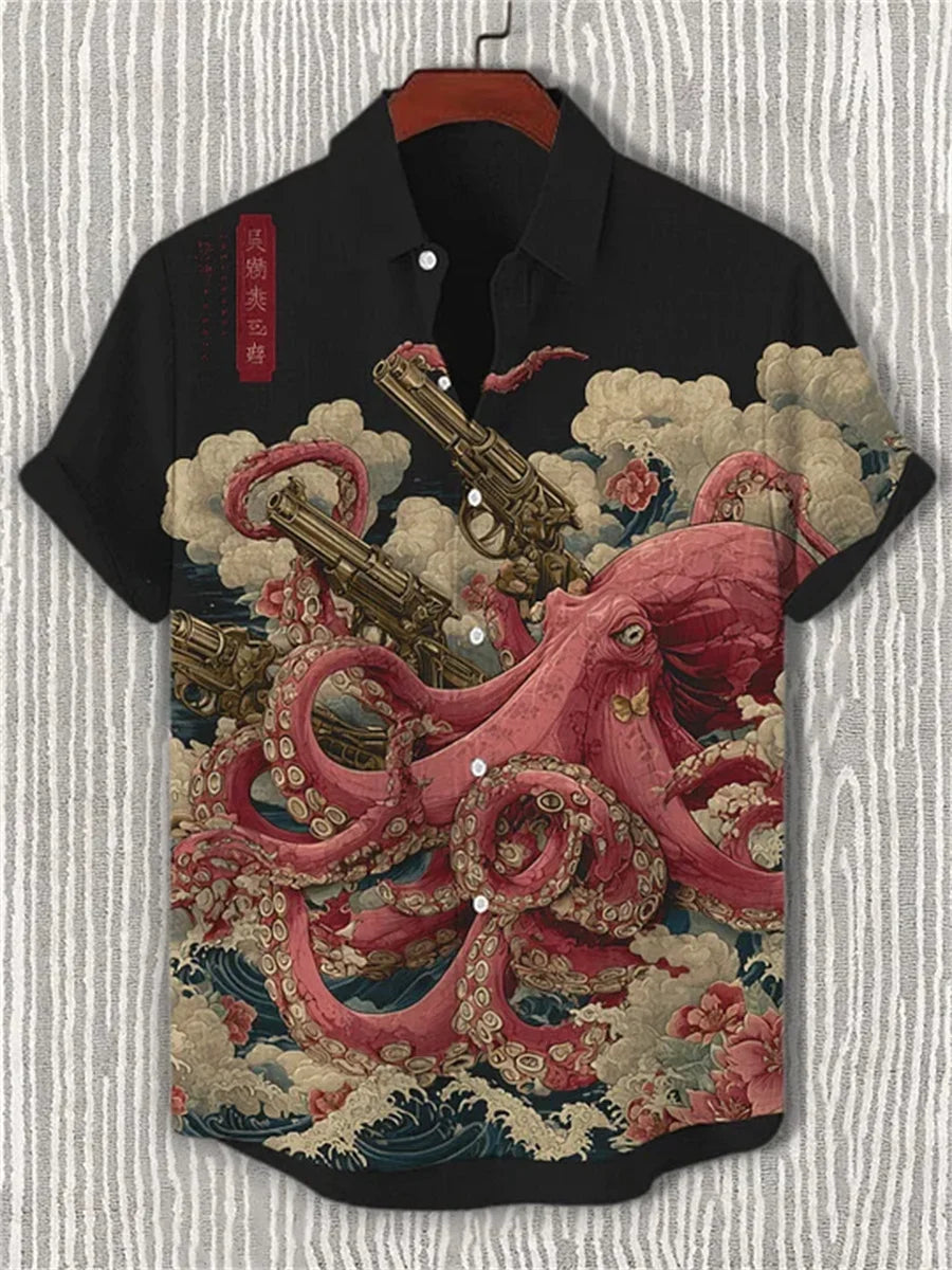 Men's short-sleeved shirt, stylish fighter jet print, breathable casual top, trendy retro pattern, personalized Hawaiian shirt.