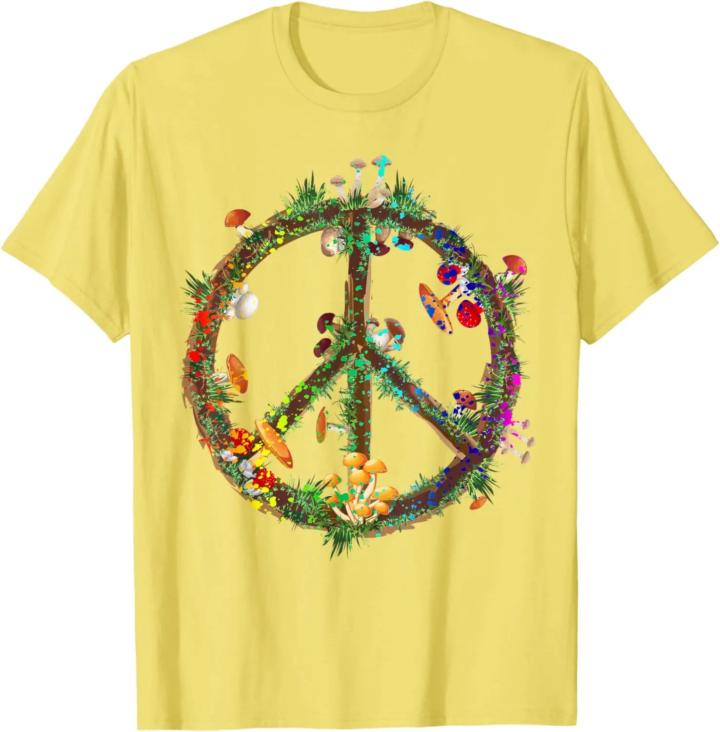 Psychedelic Mushroom Peace Sign Hippie Trippy Retro Graphic T-Shirt Unisex Casual Short Sleeve Tee