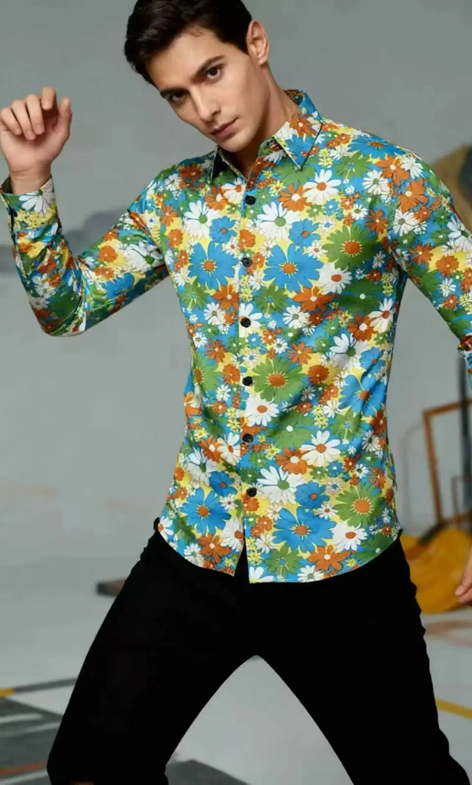 Halloween Hippie Men's Disco Hip-Hop Button Flower Retro Long Sleeve Shirt Print Flower Pullover Blouse Versatile Top