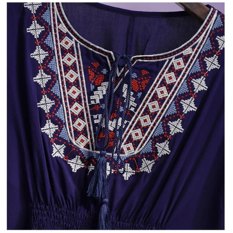 Women Summer Tees Retro Boho Style Embroidery Blouses Cloak Top Loose Cotton Lace Hem Bat sleeve Kimono Shirts Blusa Feminina