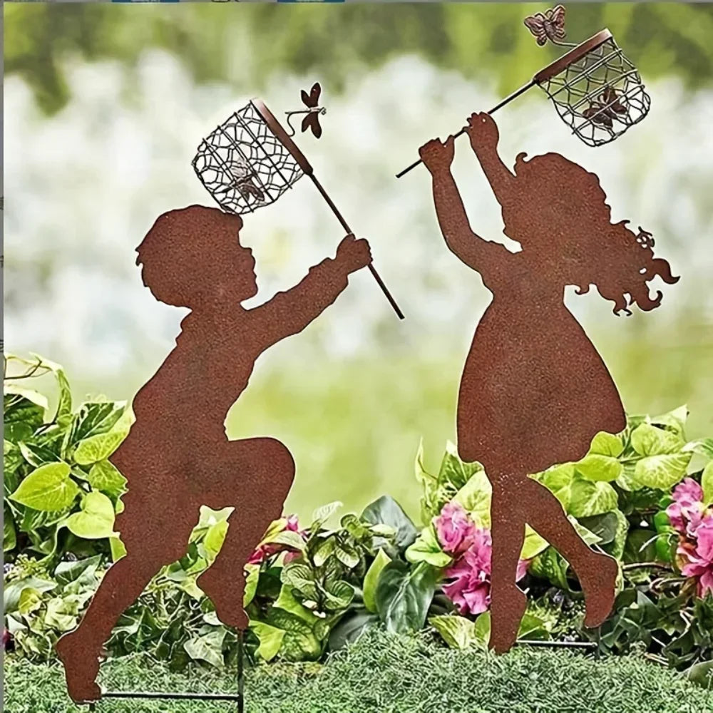Charming Metal Silhouette Garden Decoration Ideal For Farmhouse Style Adding A Touch Of Whimsy With Boy And Girl Design